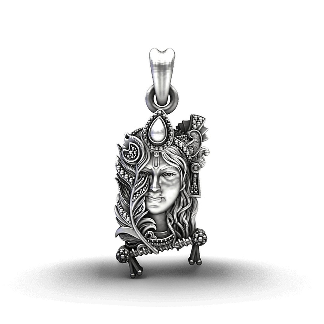 Sterling 92.5 Silver Krishna Face & Morpankh Pendant
