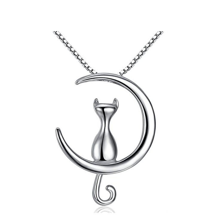 Wholesale Cute 925 Sterling Silver Animal Jewelry Moon Cat Necklace Silver 925 Necklace