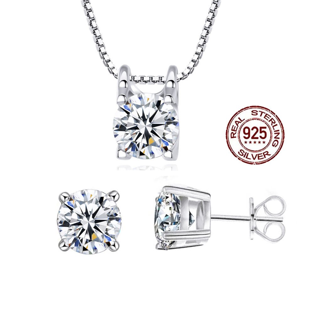 Fashion Jewellery 6mm Cubic Zircon 925 Sterling Silver Women Fine Jewelry Set Wedding Necklace and Earrings for Girl Daily Wear