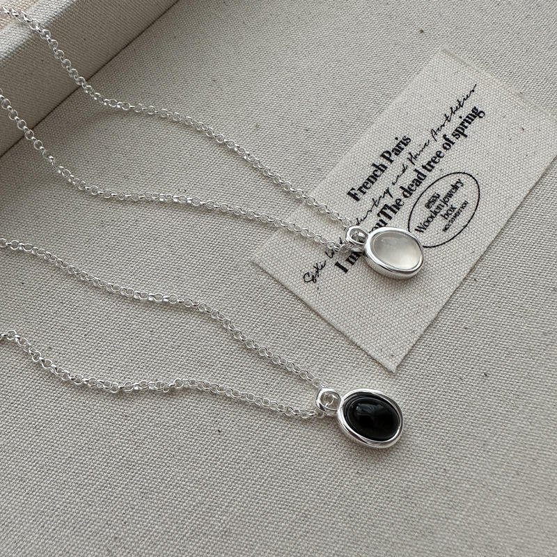 Geometric 925 Sterling Silver Black White Agate Round Pendant Necklaces for Women Christmas Gifts Jewelry